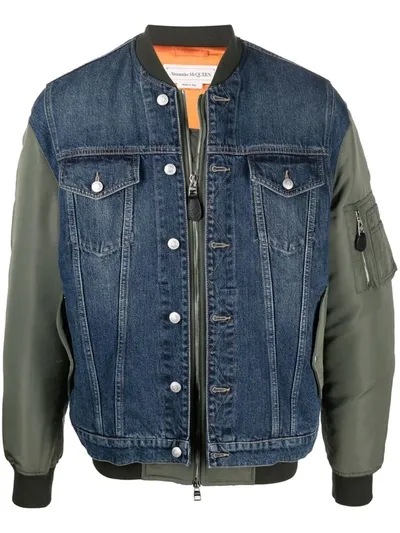 Alexander Mcqueen Denim And Technical-shell Bomber Jacket In Indigo