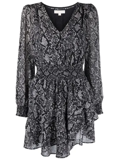 Michael Michael Kors Snakeskin-print V-neck Dress In Black