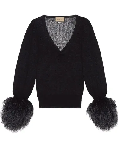 Gucci Feather-detail V-neck Jumper In Black