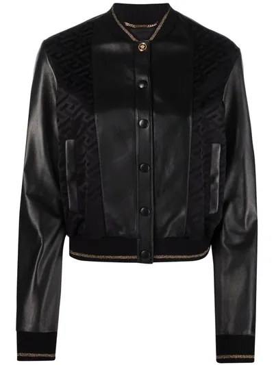 Versace Greca Panelled Bomber Jacket In Schwarz