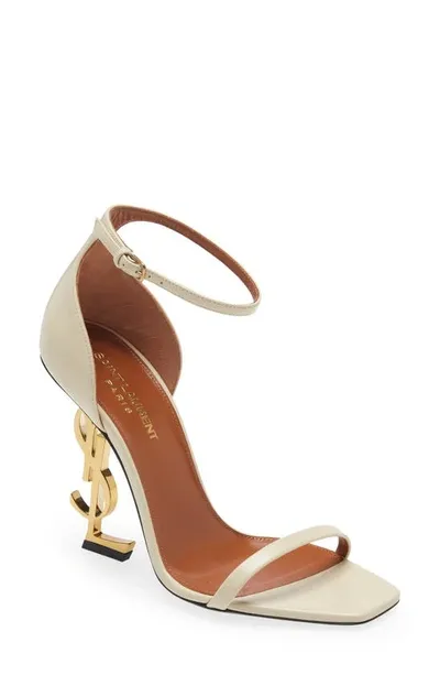 Saint Laurent Squared Toe Leather Ankle Strap Sandals In Real Beige