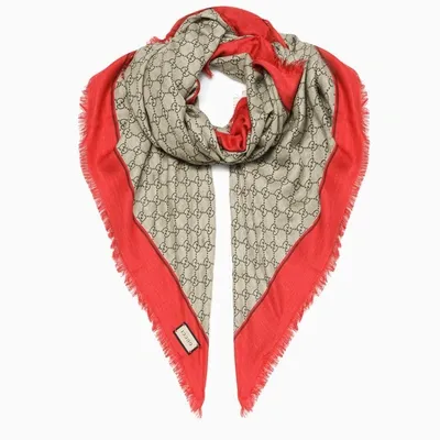 Gucci Red Gg Jacquard Frayed Scarf