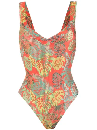 Amir Slama Palm Leaf Print Swimsuit In Red