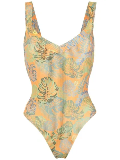 Amir Slama Palm Leaf Print Swimsuit In Orange