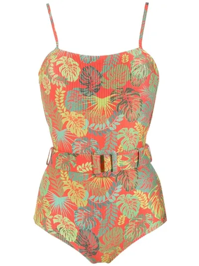 Amir Slama Palm Leaf Print Belted Swimsuit In Red