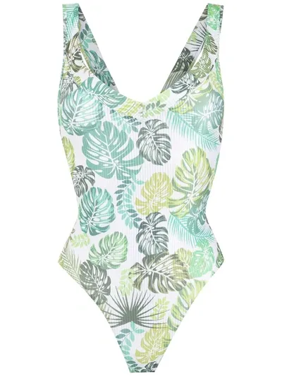 Amir Slama Palm Leaf Print Swimsuit In Green