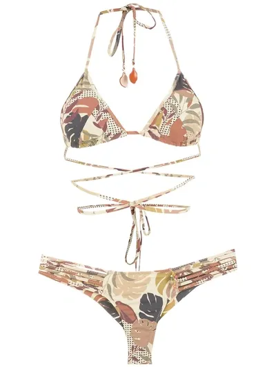 Amir Slama Palm Leaf Print Bikini In Neutrals