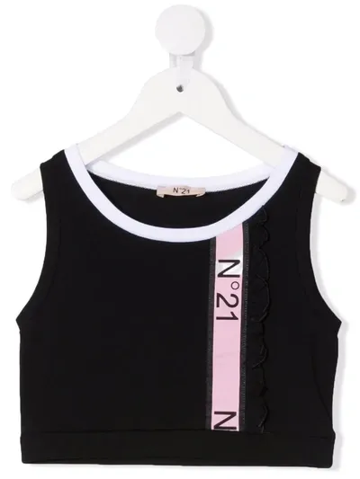 N°21 Kids' Rubberized Logo Cotton Top W/ Ruffles In Nero