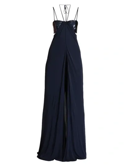 Halston Del Sequin Jersey Jumpsuit In Navy