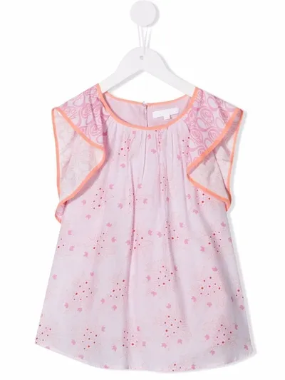 Chloé Kids' Floral-print Ruffle-edge Blouse In Pink