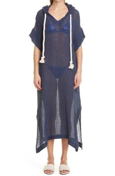 Lisa Marie Fernandez Hooded Linen-blend Gauze Kaftan In Blue