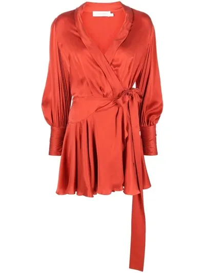 Zimmermann Ruffled Silk-satin Wrap Mini Dress In Crimson