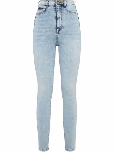 Philipp Plein Skull-embroidered High-waisted Jeans In Blue