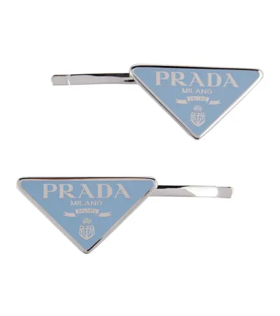 Prada Symbole Hair Clip Set In Celeste