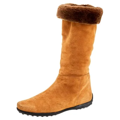 Pre-owned Tod's Yellow/brown Suede And Fur Calf Length Boots Size 37.5