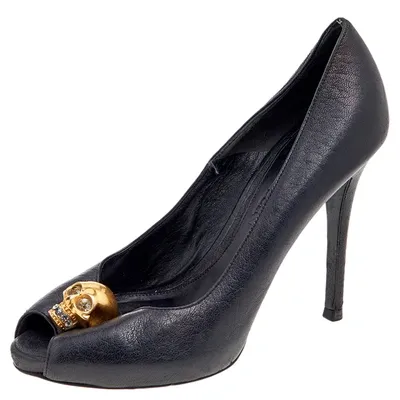 Pre-owned Alexander Mcqueen Black Leather Crystal Embellished Skull Peep Toe Pumps Size 36