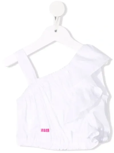 Msgm Teen Ruffle Asymmetric Crop Top In White