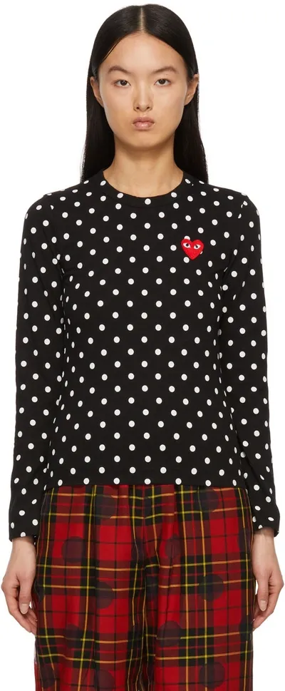 Comme Des Garçons Play Long Sleeve Polka Dot T-shirt With Chest Little Red Heart Embroidery In Black White