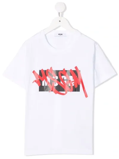 Msgm Kids' Graffiti-logo T-shirt In Bianca