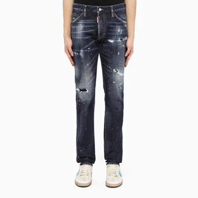 Dsquared2 Dark Blue Straight Jeans With Paint Splatters