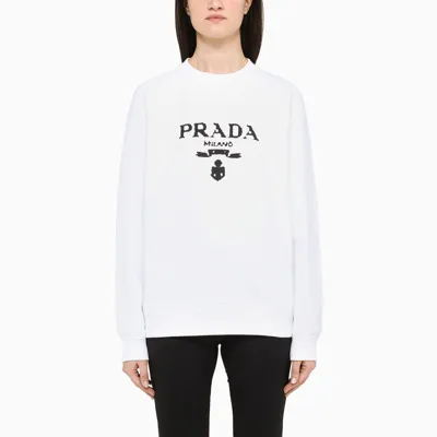 Prada White Crewneck Sweatshirt With Logo Embroidery