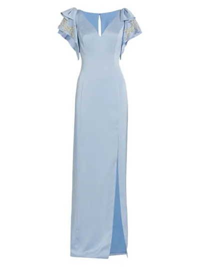 Marchesa Notte Embellished Satin Crepe Column Gown In Dusty Blue