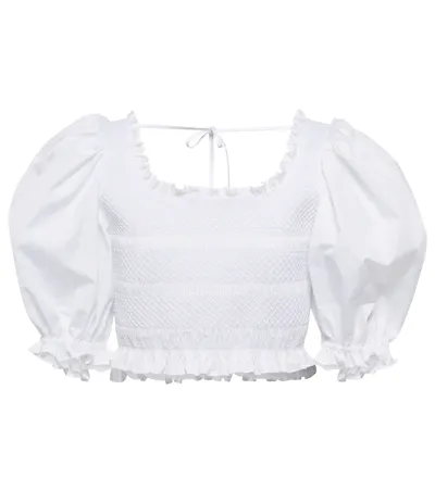 Miu Miu Smocked Cotton Poplin Crop Top In White