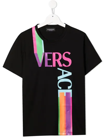 Versace Kids' Boy's Right-turn Rainbow Logo Tee In Black Multicolor