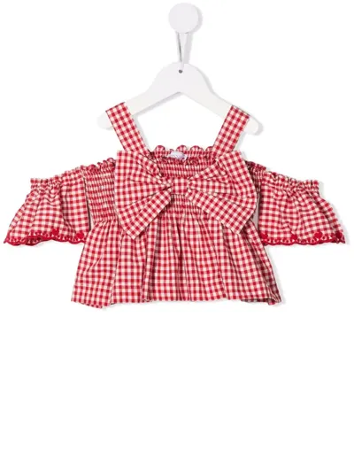 Monnalisa Kids' Gingham Ruffle-bardot Blouse In Red