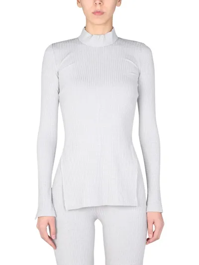 Helmut Lang Mock Neck Ribbed Knit Top In Grey