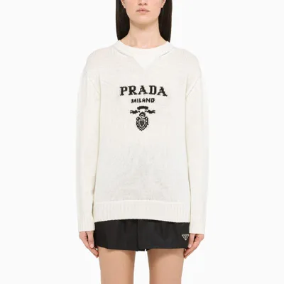 Prada White Logoed Crewneck Sweater