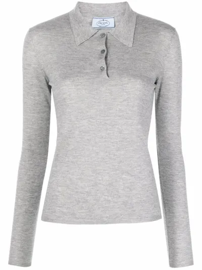 Prada Fine-knit Long-sleeved Polo Top In Gray