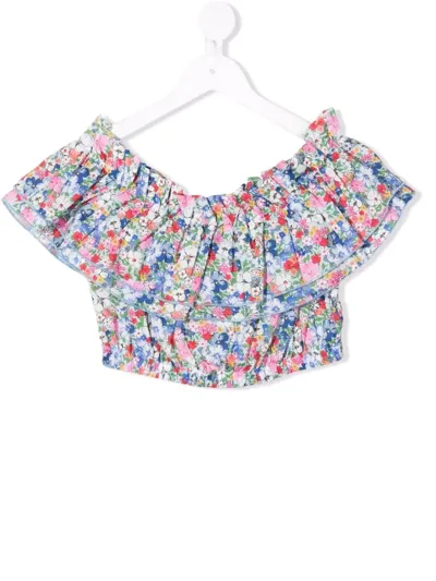 Monnalisa Kids' Floral-print Bardot-cropped Blouse In Multicolor