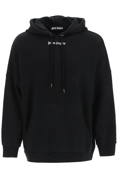 Palm Angels Black Logo Print Cotton Hoodie In Black,white