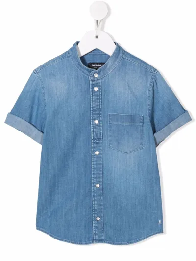 Dondup Kids' Short-sleeved Cotton Denim Shirt In Blue