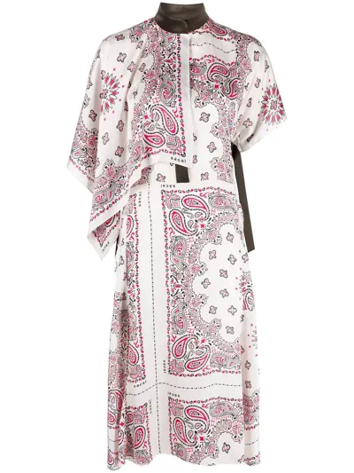 Sacai Belted Asymmetric Paisley-print Satin Midi Dress In White