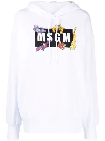 Msgm Graphic-print Cotton Hoodie In White