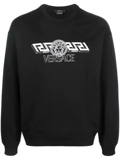 Versace Logo Print Cotton Jersey Sweatshirt In Nero