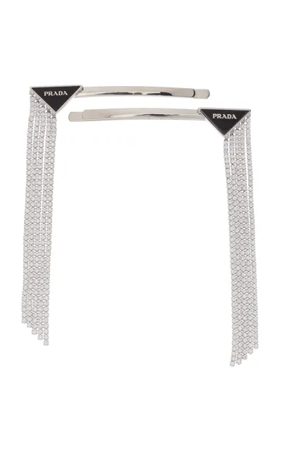 Prada Crystal-embellished Silver-tone Barrette In Black