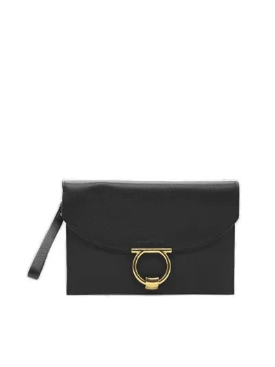 Ferragamo Salvatore  Gancini Foldover Clutch Bag In Black