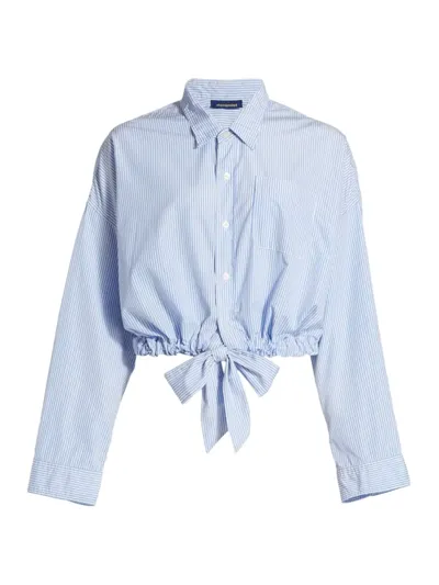 Denimist Cropped Tie-front Striped Cotton-poplin Shirt In Light Blue Stripe