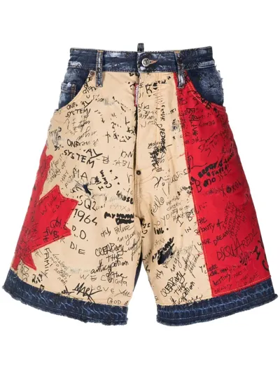 Dsquared2 Logo-graffiti Panelled Denim Shorts In Blue