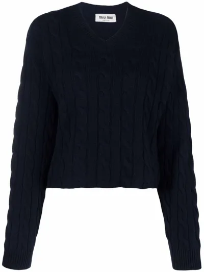 Miu Miu Cable Knit Cashmere V-neck Jumper In Blue