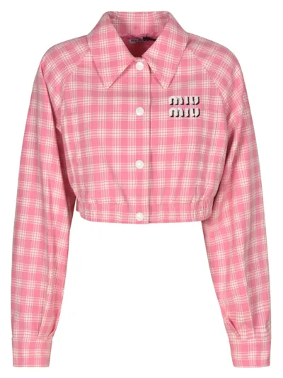 Miu Miu Check Pattern Cropped Logo Jacket In Pink