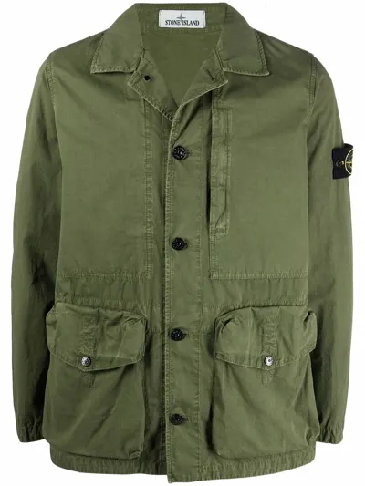 Stone Island Logo-patch Button-fastening Jacket In Green