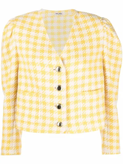 Miu Miu Houndstooth-print Tweed Jacket In Yellow