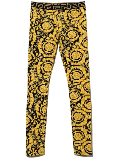 Versace Kids' Barocco-print Cotton-blend Leggings In Black