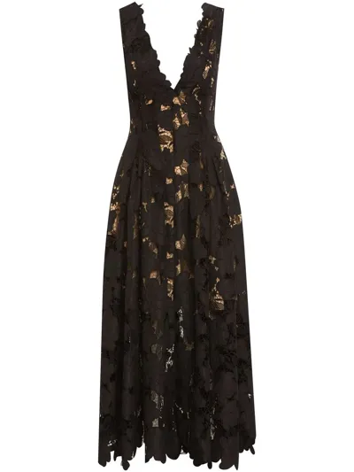 Oscar De La Renta Floral-lace Mid-length Dress In Black