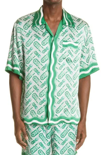 Casablanca Monogram White And Green Silk Shirt In Green Ping Pong Monogram