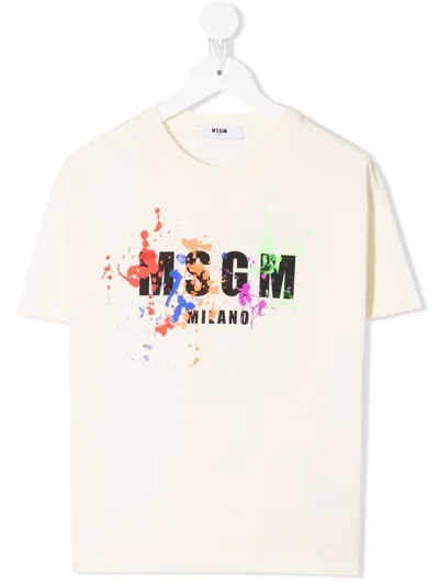 Msgm Kids' Painterly-print Logo T-shirt In Neutrals